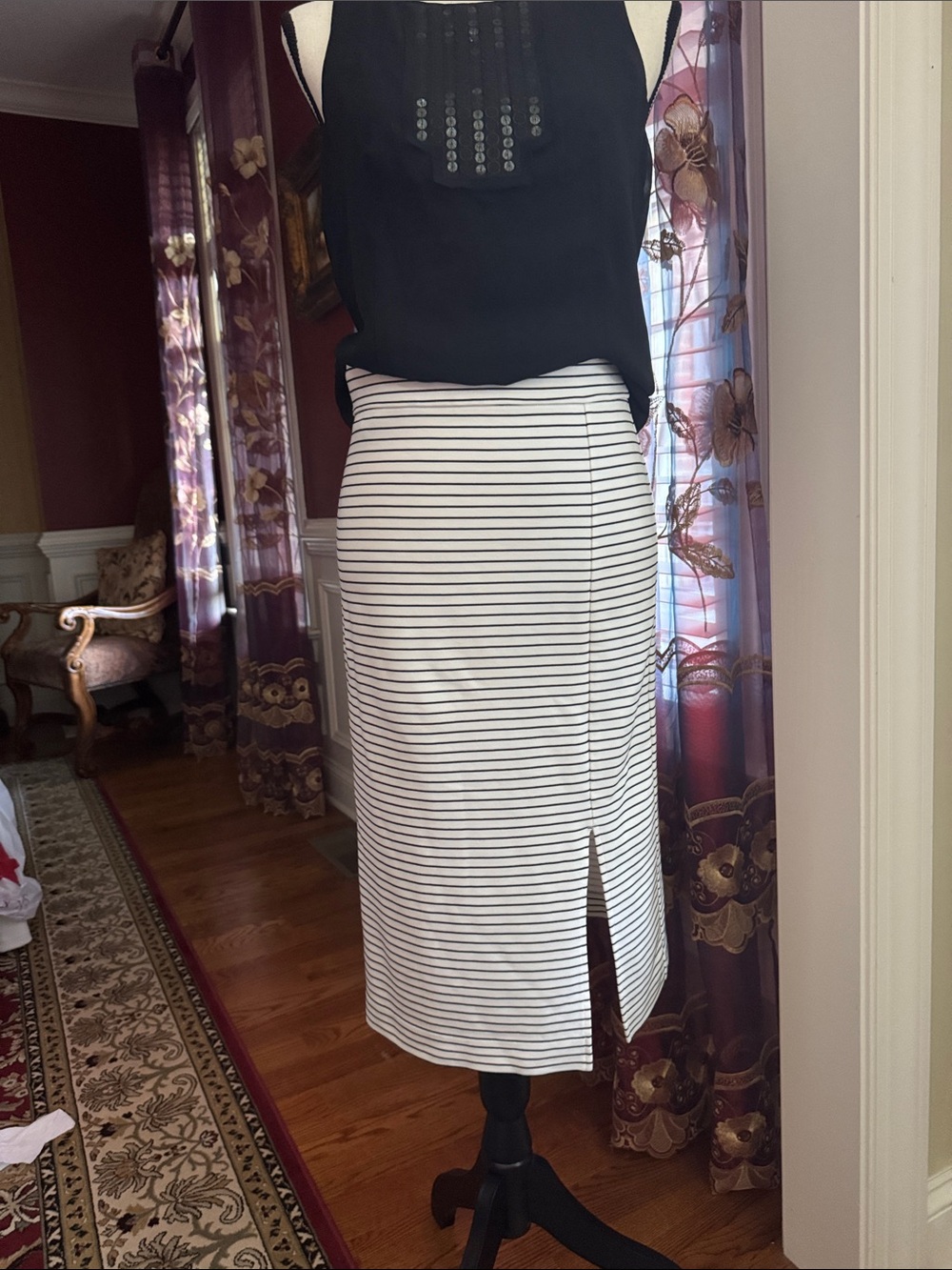 Ann Taylor White Pencil Skirt with Black Stripes